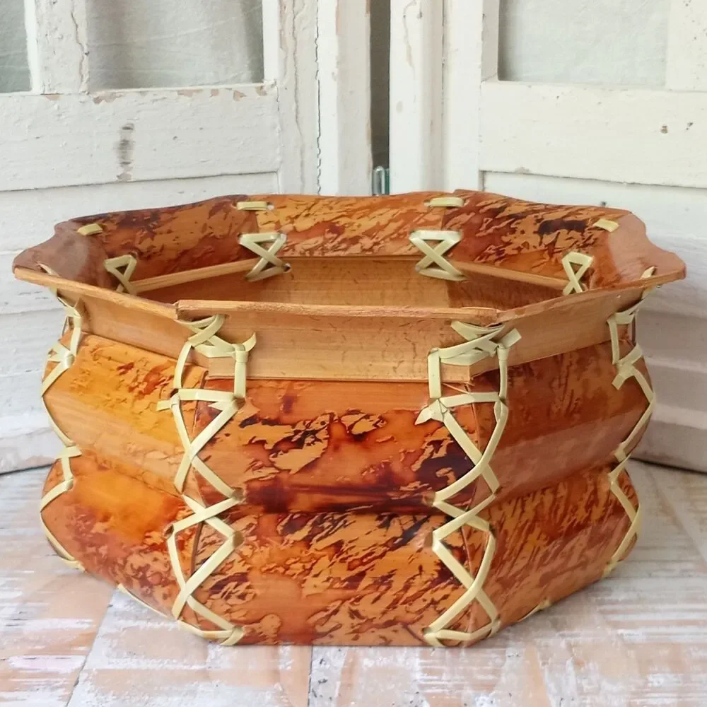 MCM Vintage Tortoise Bamboo Bowl Basket Octagon Burnt Woven Boho Centerpiece 50s
